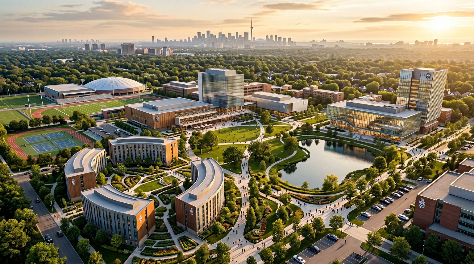 Campus development aerial view — Zaag University, Trenton, Ontario